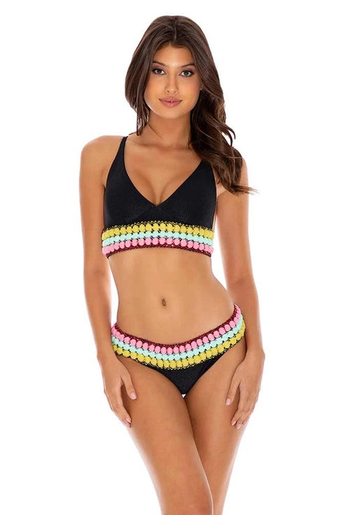 Luli Fama Night Lights POMPOM TRIM BUSTIER TOP